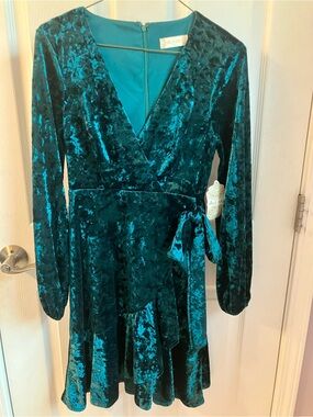 Altar'd State Teal Crushed Velvet Long Sleeve Wrap Dress